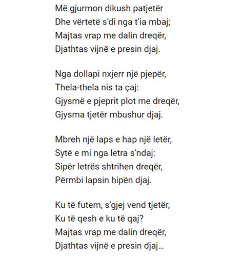 (Vështrim letrar për poemën: “Nënë Shqipëri” me rastin e tetëdhjetë-vjetorit të lindjes) Në letërsinë shqiptare ka emra të shquar, të cilët jo vetëm kanë shkruar vepra letrare e artistike të shkëlqyera, qoftë në prozë, qoftë në <b>poezi</b>, por edhe kanë shkëlqyer në rrugën e vështirë jetësore për të mishëruar vetitë njerëzore, idealet patriotike, shoqërore []. . Poezi per nenen dritero agolli